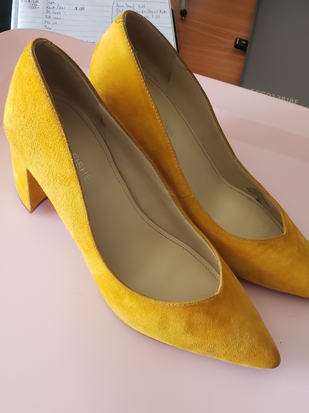 Yellow Suede Pointed Toe Block Heel Pumps - Women